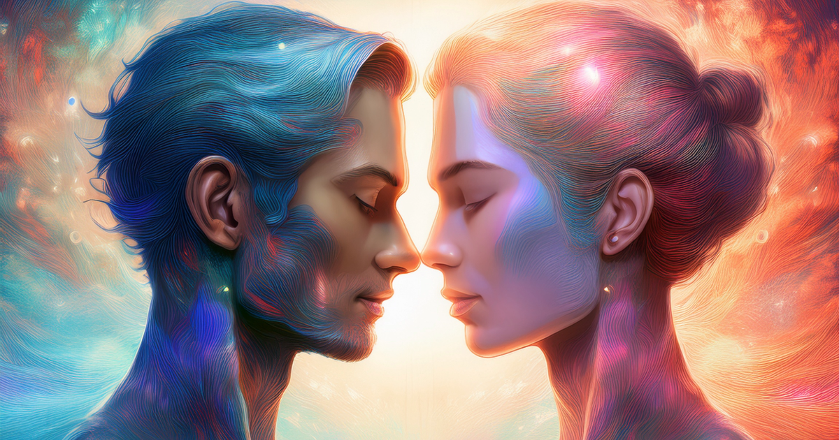een man en vrouw houden hun hoofden tegen elkaar. ze zijn omringt door spiritueel licht.