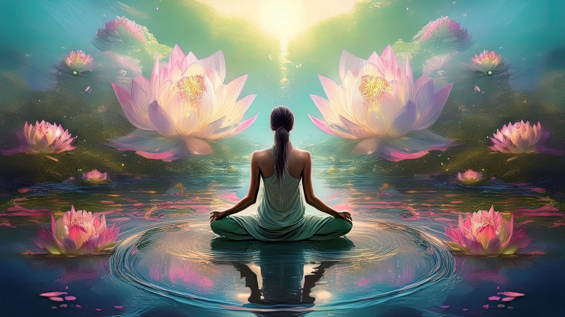 spirituele afbeelding met lotusbloemen, water en iemand in meditatieve houding zittend