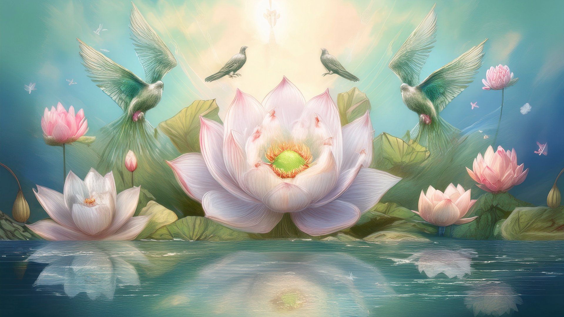 spirituele afbeelding met lotusbloemen, vogels bij water.